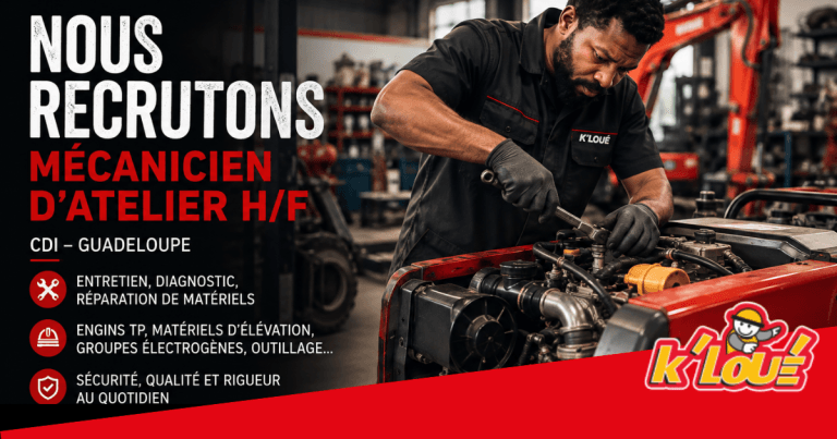 K’LOUÉ Guadeloupe recrute un(e) Mécanicien(ne) d’Atelier H/F en CDI pour renforcer son équipe technique.